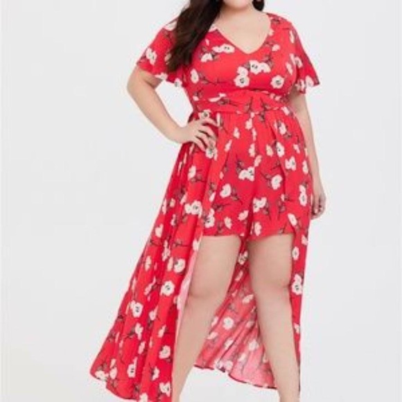 torrid Pants - TORRID • EUC Challis walk through romper dress in coral • size 14